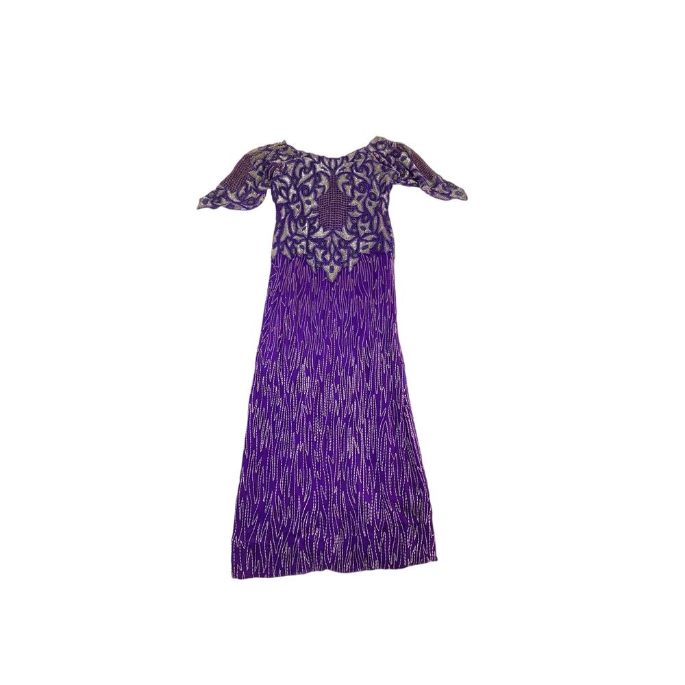 Annabelle Purple Gown Size Medium Pure Silk Beaded Dress Short Sleeve Vintage